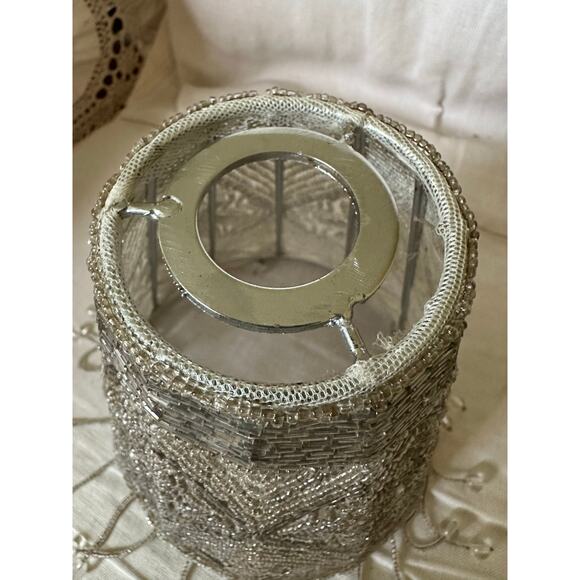 Beaded Lamp Shade Fringed gray small floral mesh 6x6x2.5” Victorian - Picture 6 of 14